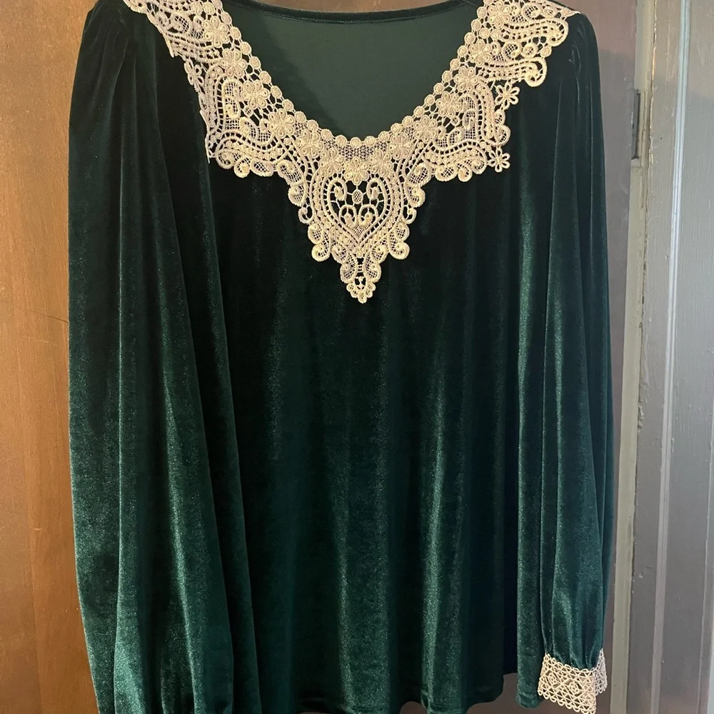Elegant Vintage Green Velvet Top with Lace Trim Sz. 1X - Picture 2 of 10